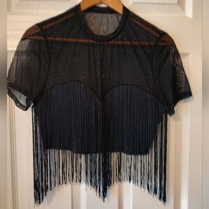 Black Fringe Mesh Party Top